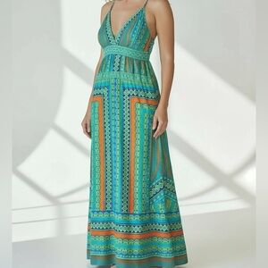 Hale Bob Boho Maxi Dress Vibrant Print Halter‎ Tie Back Size Small